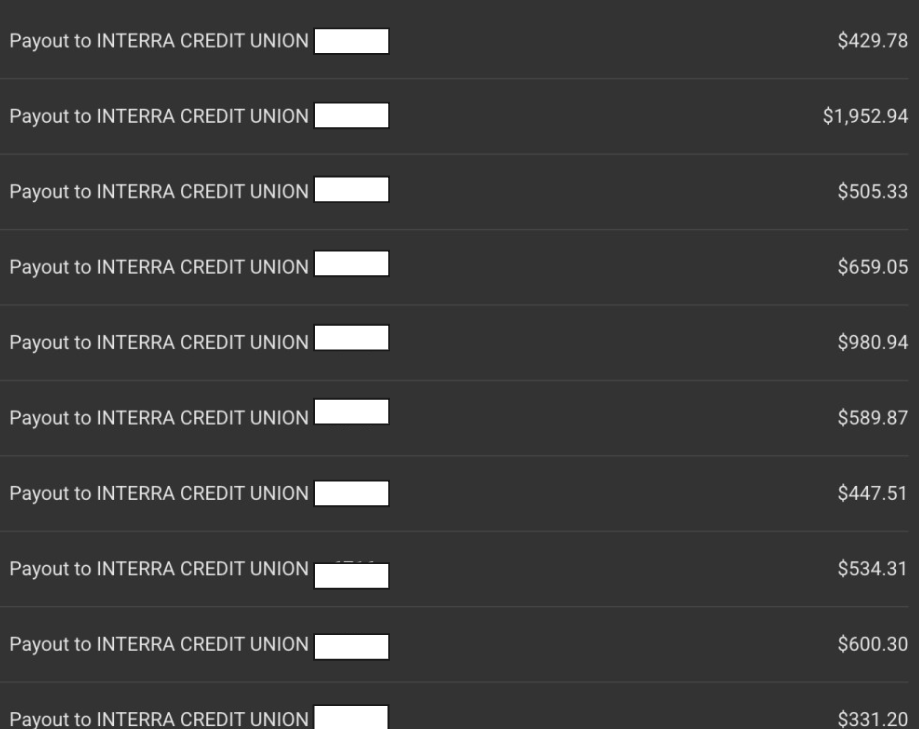 Payout history to the client's bank account